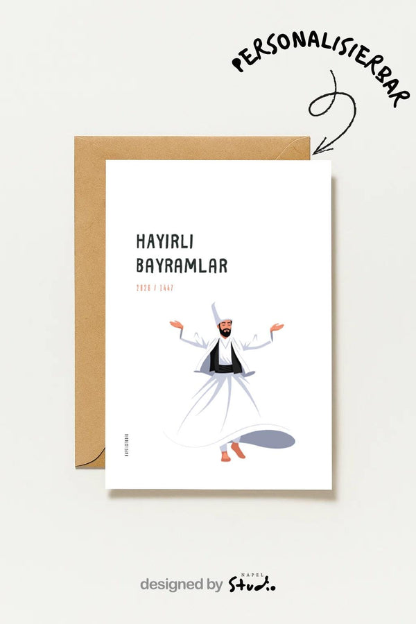 Hayirli Bayramlar Karte | Minimalistische Eid Grußkarte mit tanzendem Derwisch Illustration