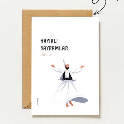 Hayirli Bayramlar Karte | Minimalistische Eid Grußkarte mit tanzendem Derwisch Illustration