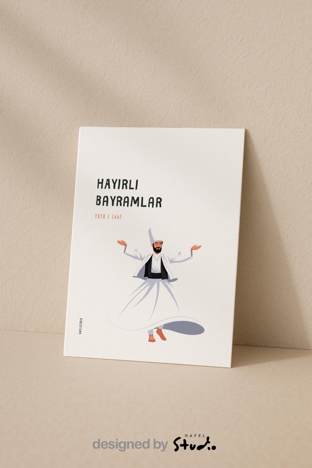 Hayirli Bayramlar Karte | Minimalistische Eid Grußkarte mit tanzendem Derwisch Illustration