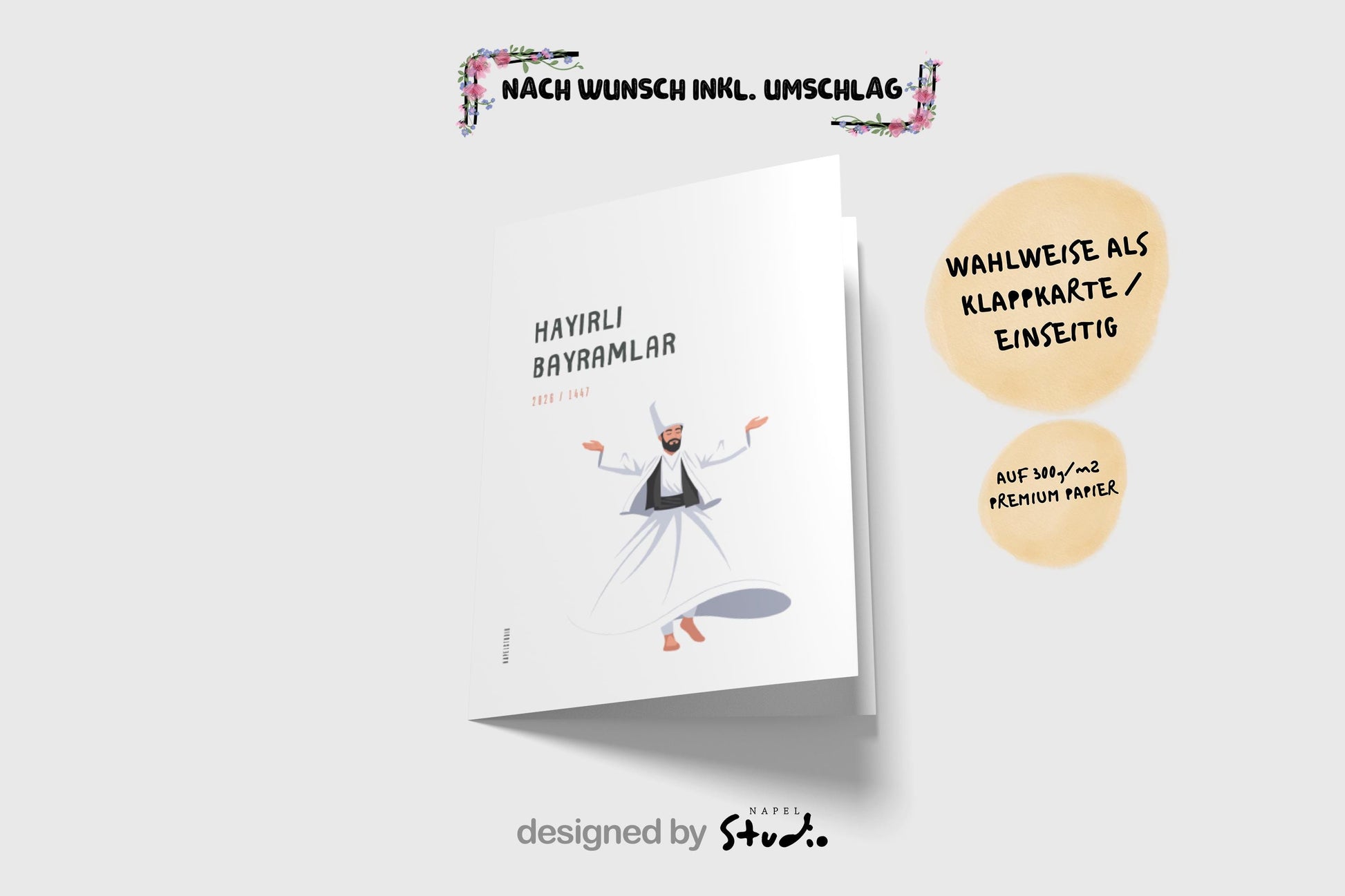 Hayirli Bayramlar Karte | Minimalistische Eid Grußkarte mit tanzendem Derwisch Illustration
