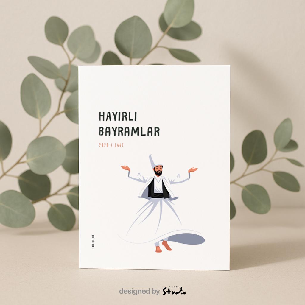 Hayirli Bayramlar Karte | Minimalistische Eid Grußkarte mit tanzendem Derwisch Illustration