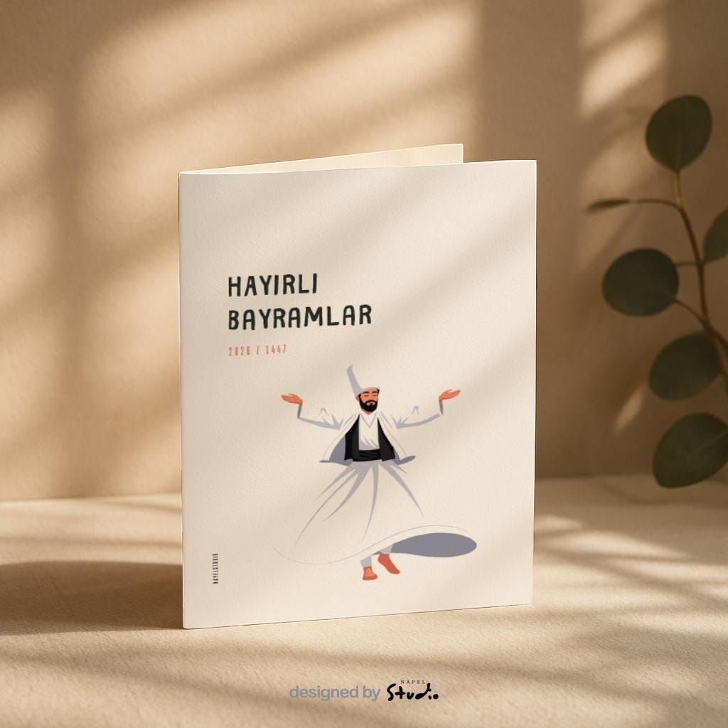 Hayirli Bayramlar Karte | Minimalistische Eid Grußkarte mit tanzendem Derwisch Illustration