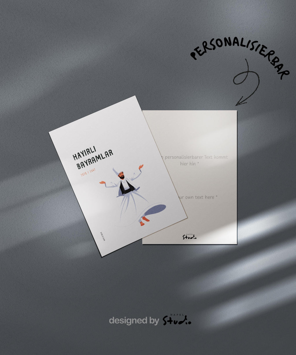 Hayirli Bayramlar Karte | Minimalistische Eid Grußkarte mit tanzendem Derwisch Illustration