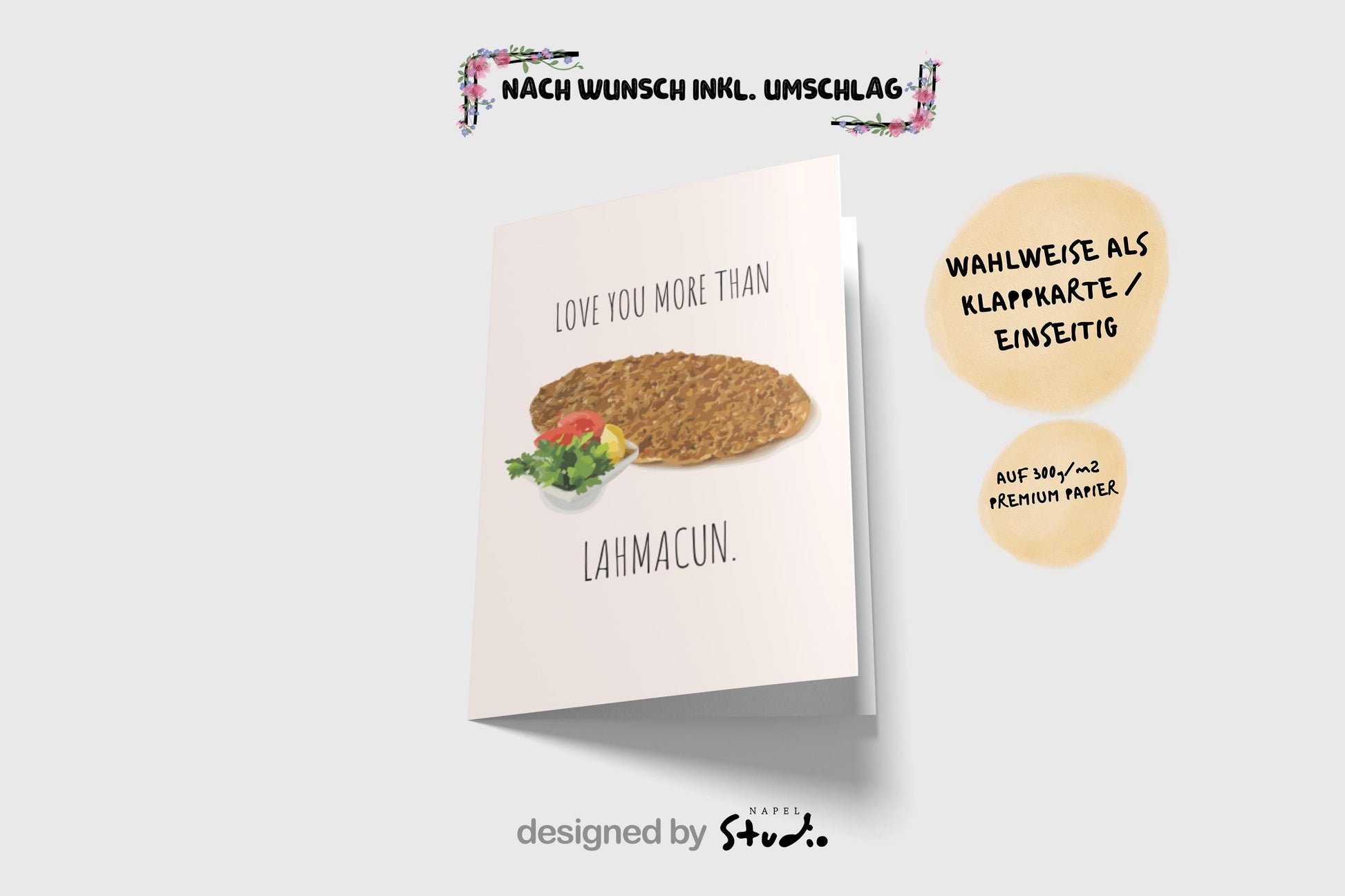 Love you more than Lahmacun Grußkarte | Lustige türkische Liebeskarte mit Food Motiv