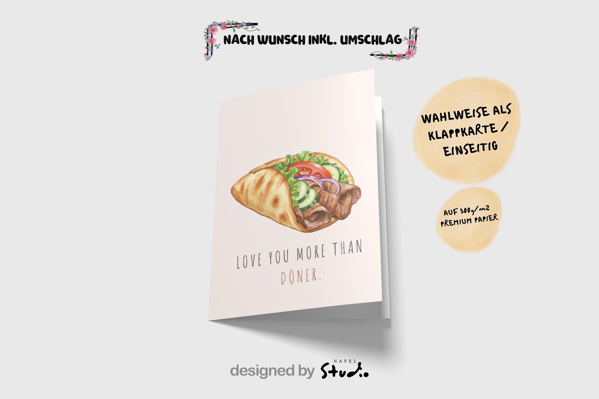 Love You More Than Döner Grußkarte | Lustige türkische Liebeskarte mit Food Motiv