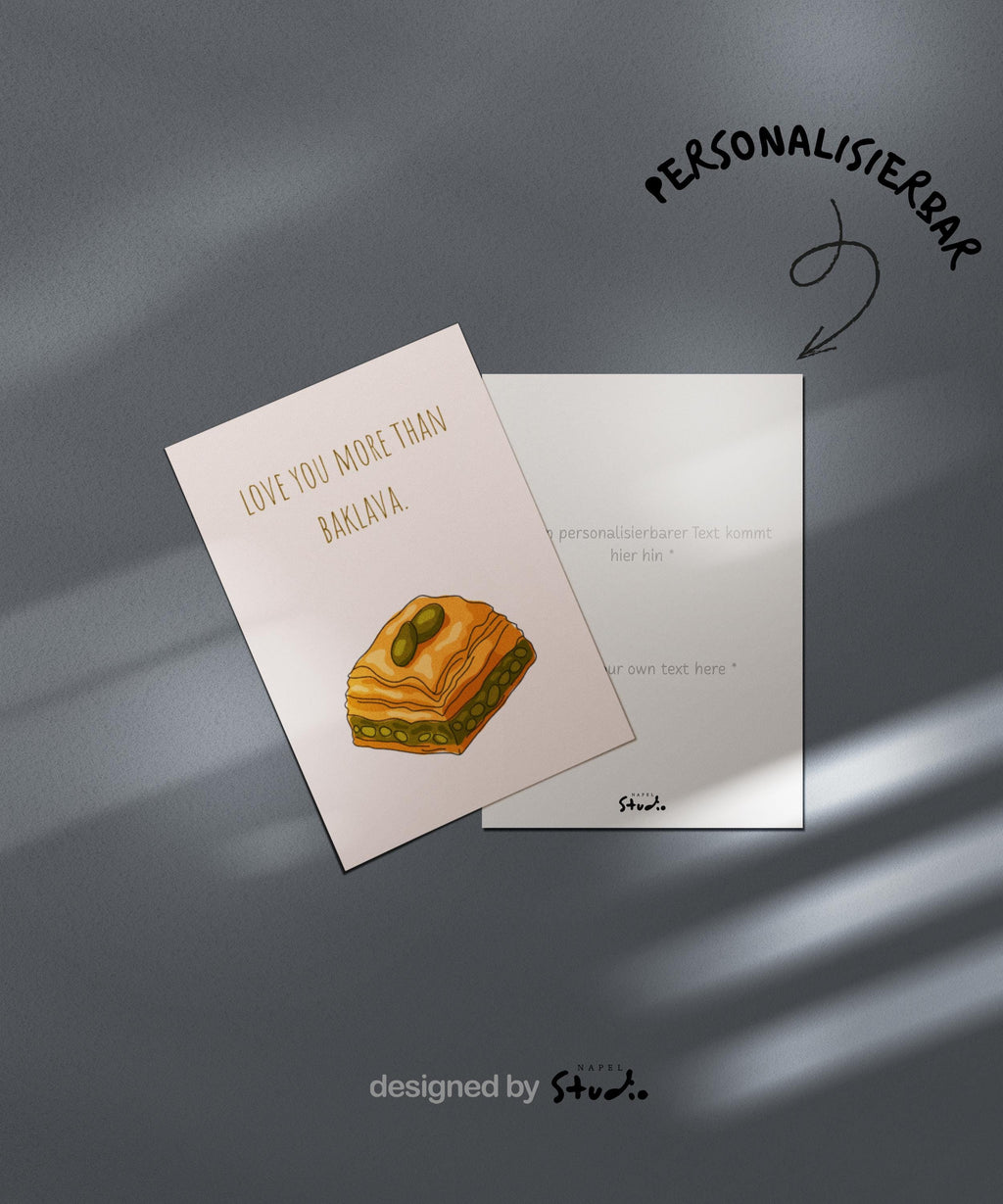 Love You More Than Baklava Grußkarte | Lustige türkische Liebeskarte mit Food Motiv
