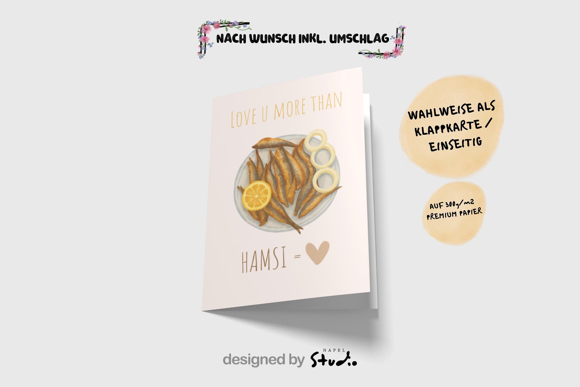 Love You More Than Hamsi Grußkarte | Lustige Karadeniz Liebeskarte mit Food Motiv