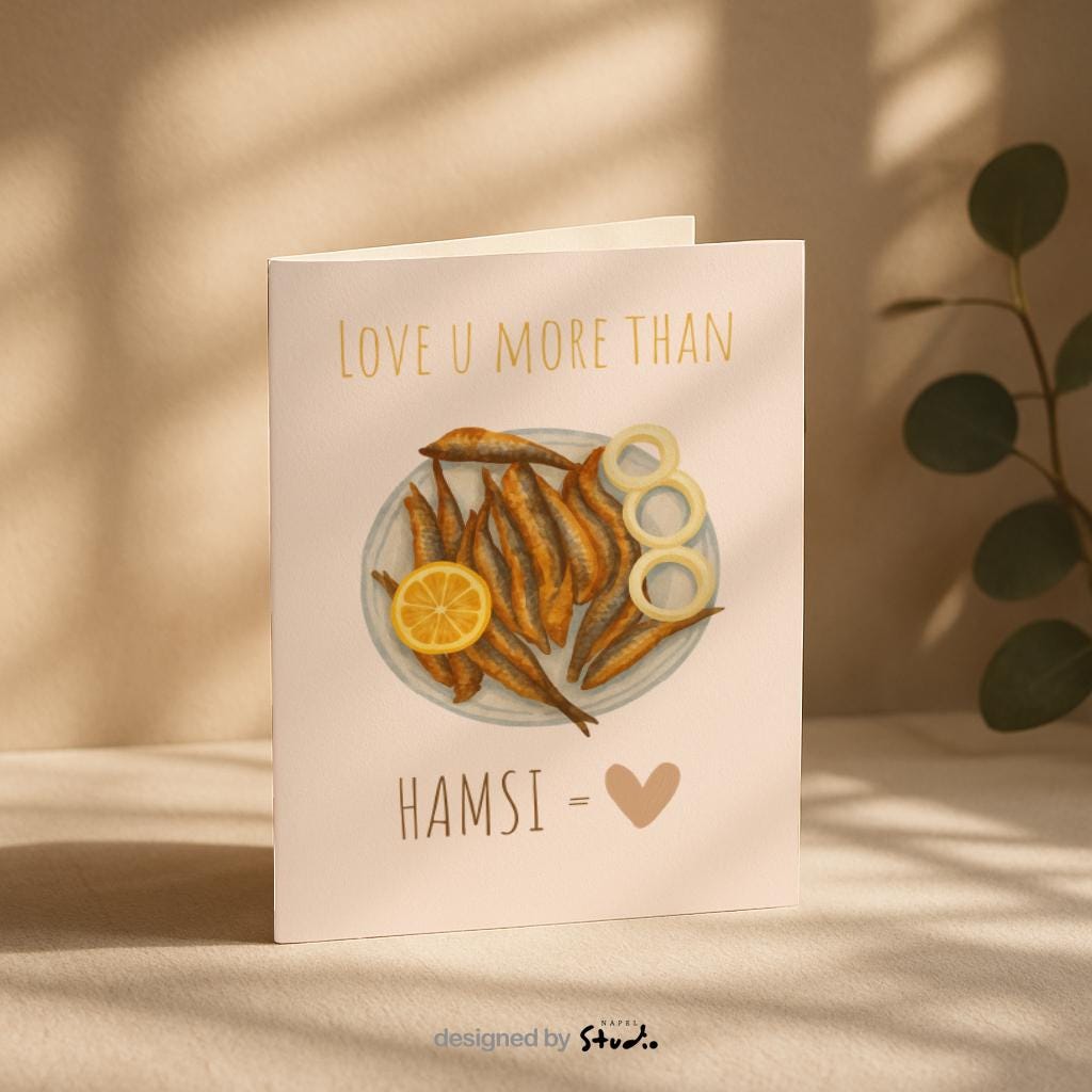 Love You More Than Hamsi Grußkarte | Lustige Karadeniz Liebeskarte mit Food Motiv