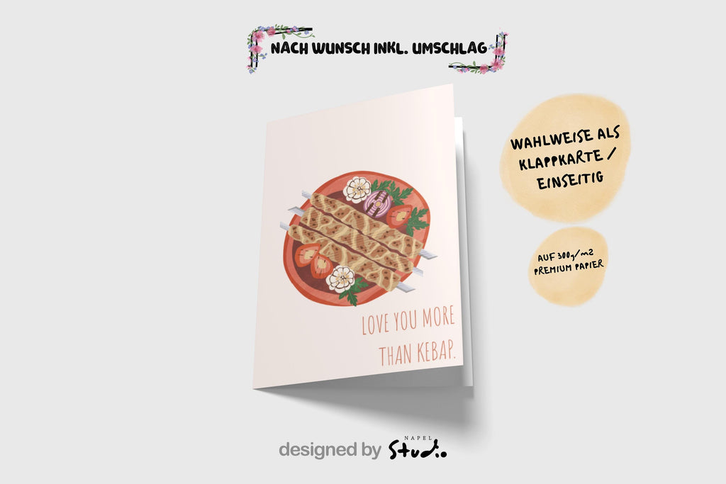 Love You More Than Kebab Grußkarte | Lustige türkische Liebeskarte mit Food Motiv