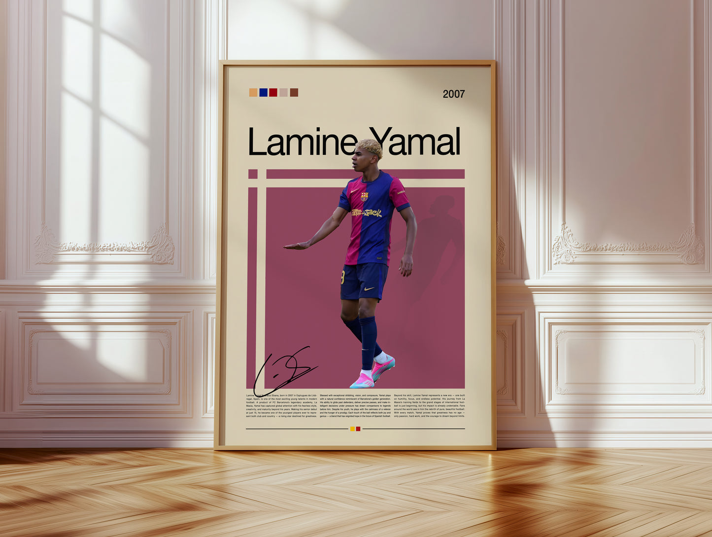 Modern poster of Lamine Yamal, FC Barcelona’s rising football prodigy, captured mid-celebration in his red and blue jersey. Stylish minimalist layout with vintage-inspired tones, perfect wall art for sports fans, young athletes, and anyone inspired by new-generation football icons.
