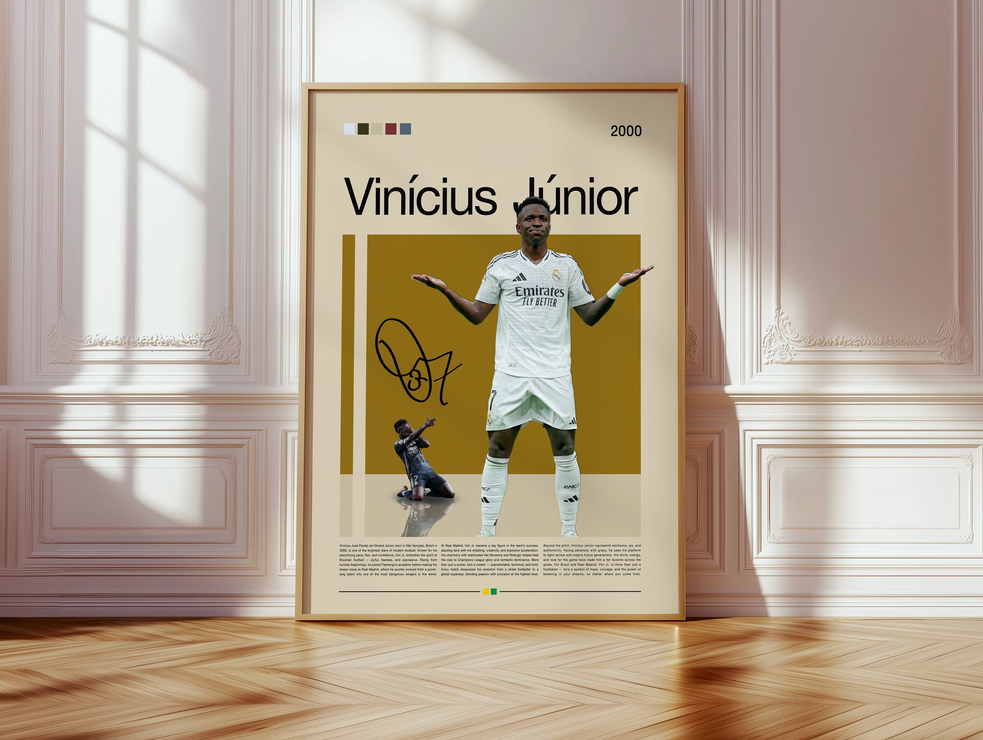 Vinícius Júnior Real Madrid football poster featuring the Brazilian superstar in a bold pose. Perfect for soccer fans, sports enthusiasts, and modern wall decor. High-quality digital artwork ideal for printing or display.