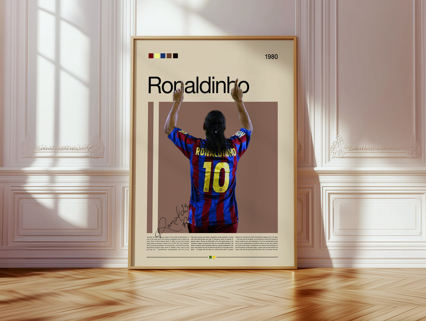Vintage Ronaldinho poster featuring the Brazilian football legend in his FC Barcelona jersey with raised arms, celebrating his iconic number 10 legacy. Minimalist design with retro tones, perfect wall art for football lovers, collectors, and those who appreciate the artistry and emotion of the beautiful game.