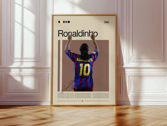 Vintage Ronaldinho poster featuring the Brazilian football legend in his FC Barcelona jersey with raised arms, celebrating his iconic number 10 legacy. Minimalist design with retro tones, perfect wall art for football lovers, collectors, and those who appreciate the artistry and emotion of the beautiful game.