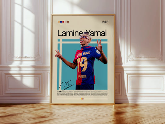Poster of Lamine Yamal, FC Barcelona’s young football sensation, wearing the number 19 jersey. The design combines vintage tones with modern minimalism, celebrating the Spanish wonderkid’s talent, creativity, and confidence. Perfect wall art for football lovers, collectors, and sports enthusiasts worldwide.