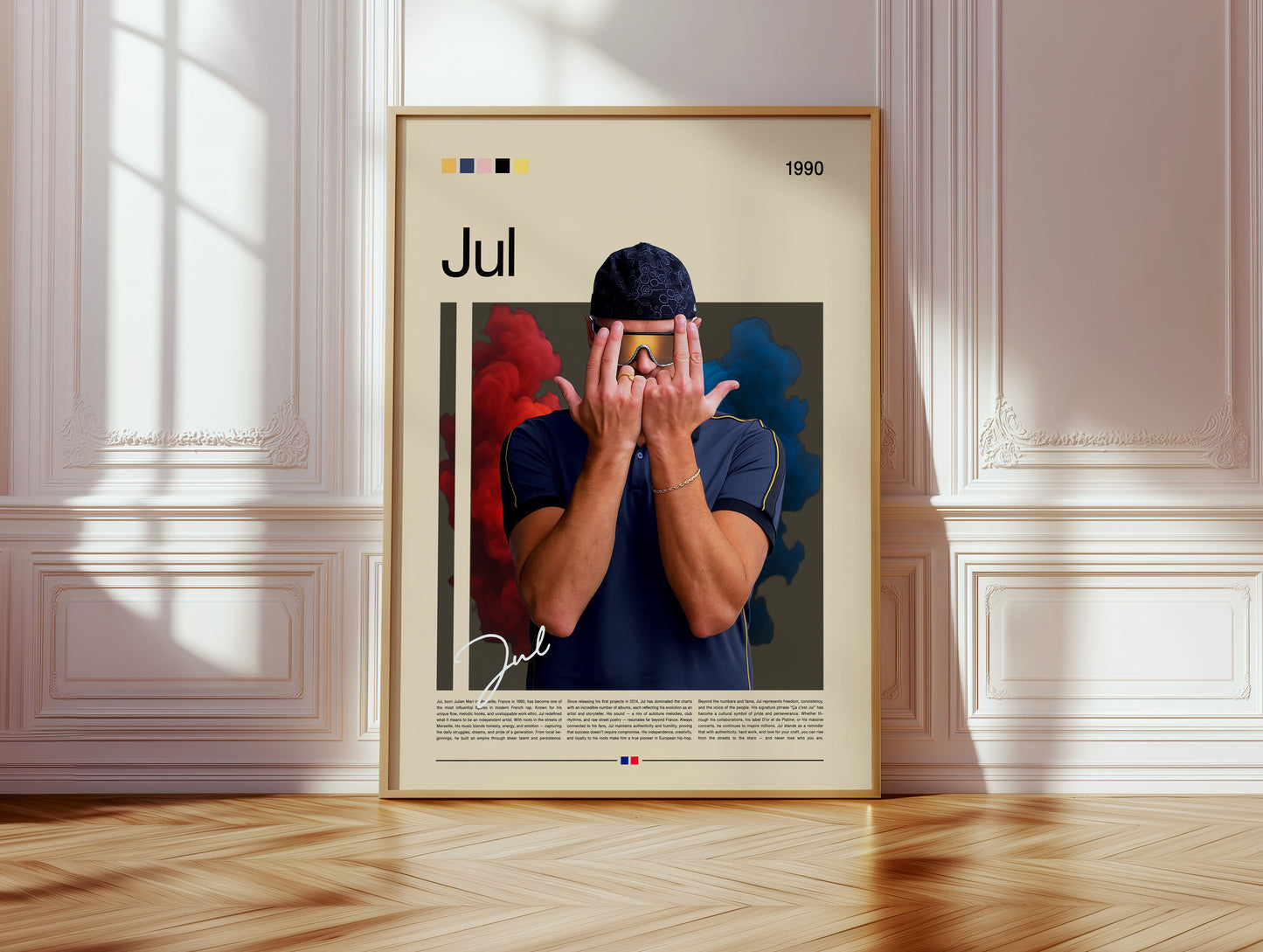 Minimalist Jul poster featuring the French rap artist with bold red and blue smoke background. Perfect hip-hop wall art for modern interiors, music lovers, and collectors. High-resolution digital download printable for home decor.