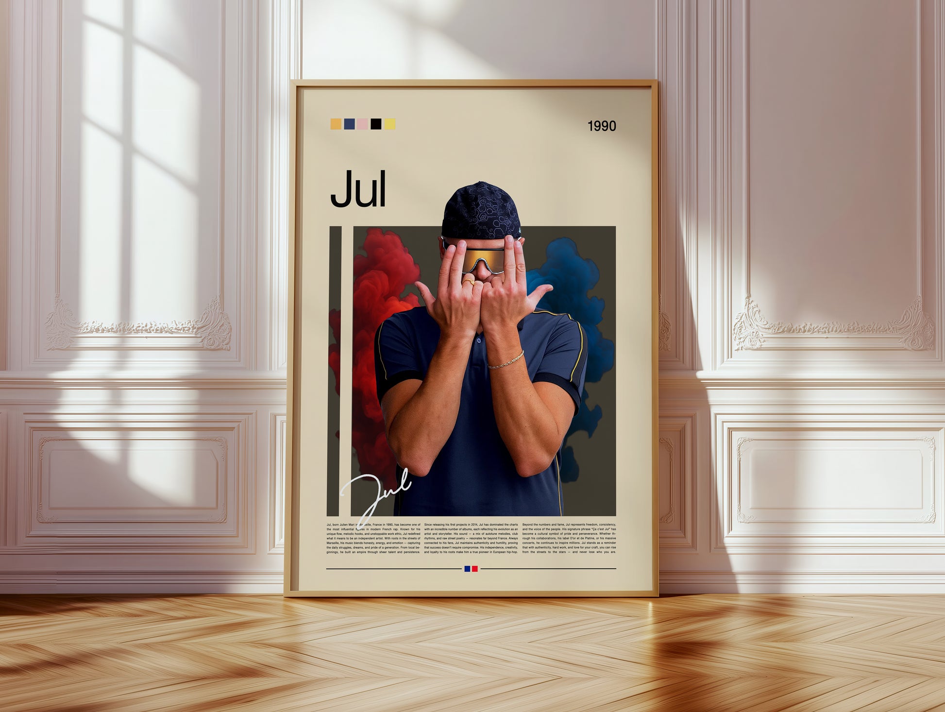 Minimalist Jul poster featuring the French rap artist with bold red and blue smoke background. Perfect hip-hop wall art for modern interiors, music lovers, and collectors. High-resolution digital download printable for home decor.