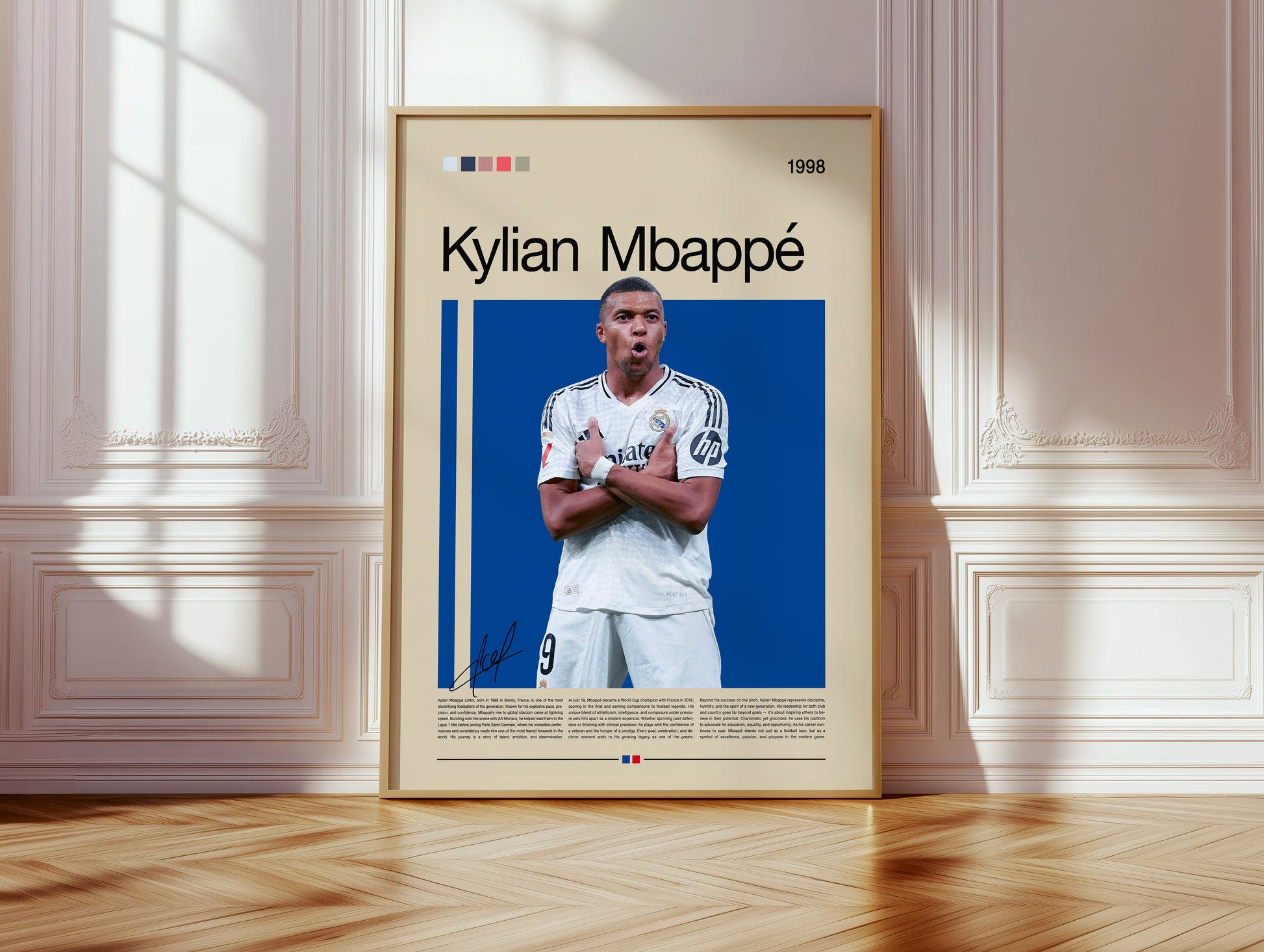 Minimalist poster of Kylian Mbappé in a Real Madrid jersey celebrating his signature pose on a deep blue background. Elegant beige layout with modern typography and French flag accent. A premium football wall art print for fans, collectors, and lovers of modern sports aesthetics.