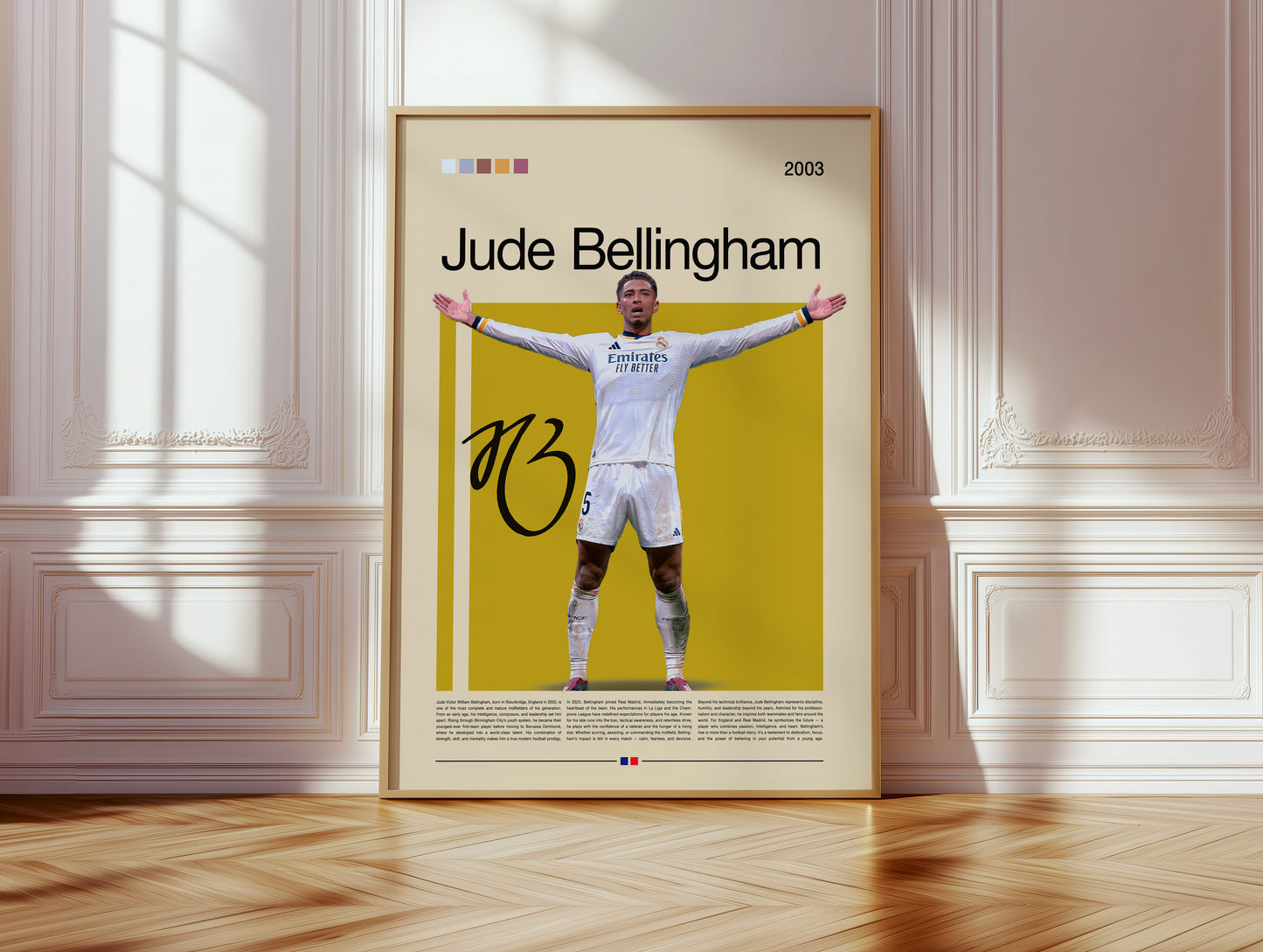 Jude Bellingham Real Madrid poster featuring the English football star with open arms in celebration. Modern sports wall art for fans and collectors, showcasing determination, strength, and passion for the game.