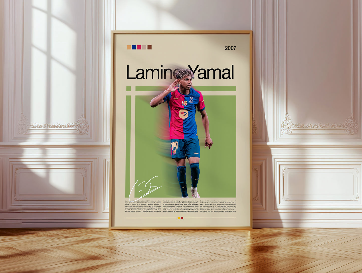 Poster of Lamine Yamal, Barcelona’s young football star, celebrating on the field in a red-blue jersey. Stylish vintage layout with modern beige background and green graphic accents. A motivational sports art print representing youth, dreams and football passion — perfect for collectors and fans.
