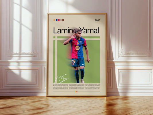 Poster of Lamine Yamal, Barcelona’s young football star, celebrating on the field in a red-blue jersey. Stylish vintage layout with modern beige background and green graphic accents. A motivational sports art print representing youth, dreams and football passion — perfect for collectors and fans.
