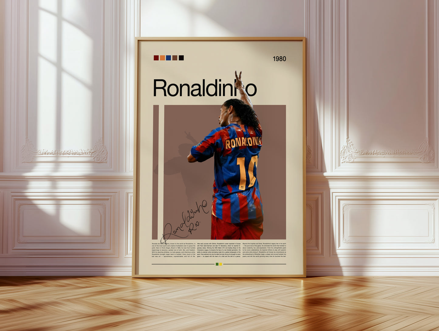 Vintage Ronaldinho poster featuring the Brazilian football legend in his FC Barcelona jersey with number 10. Captures the joy, creativity, and magic of his playing style. Perfect wall art for football lovers, collectors, and fans of beautiful, expressive sports design in a modern vintage aesthetic.