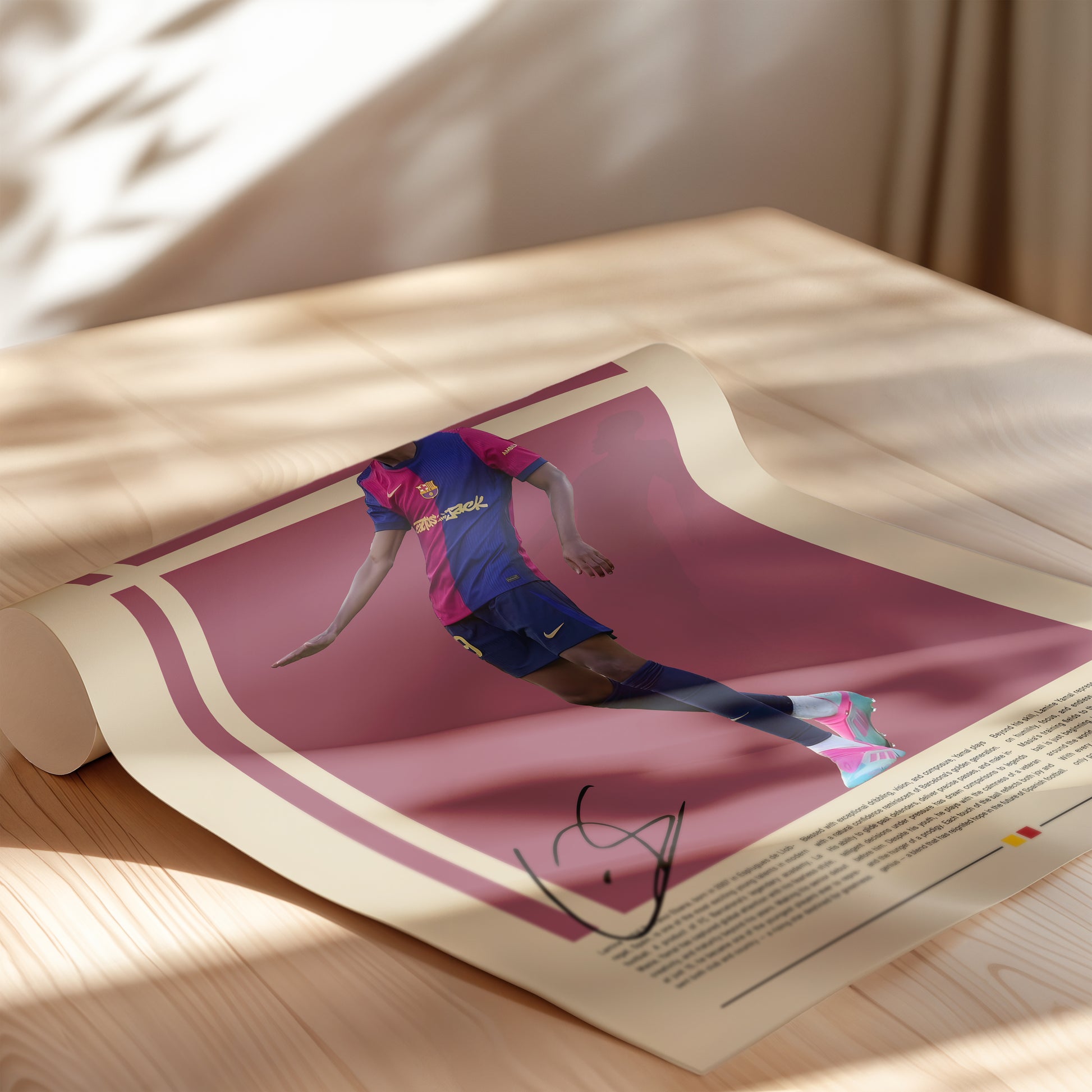 Modern poster of Lamine Yamal, FC Barcelona’s rising football prodigy, captured mid-celebration in his red and blue jersey. Stylish minimalist layout with vintage-inspired tones, perfect wall art for sports fans, young athletes, and anyone inspired by new-generation football icons.
