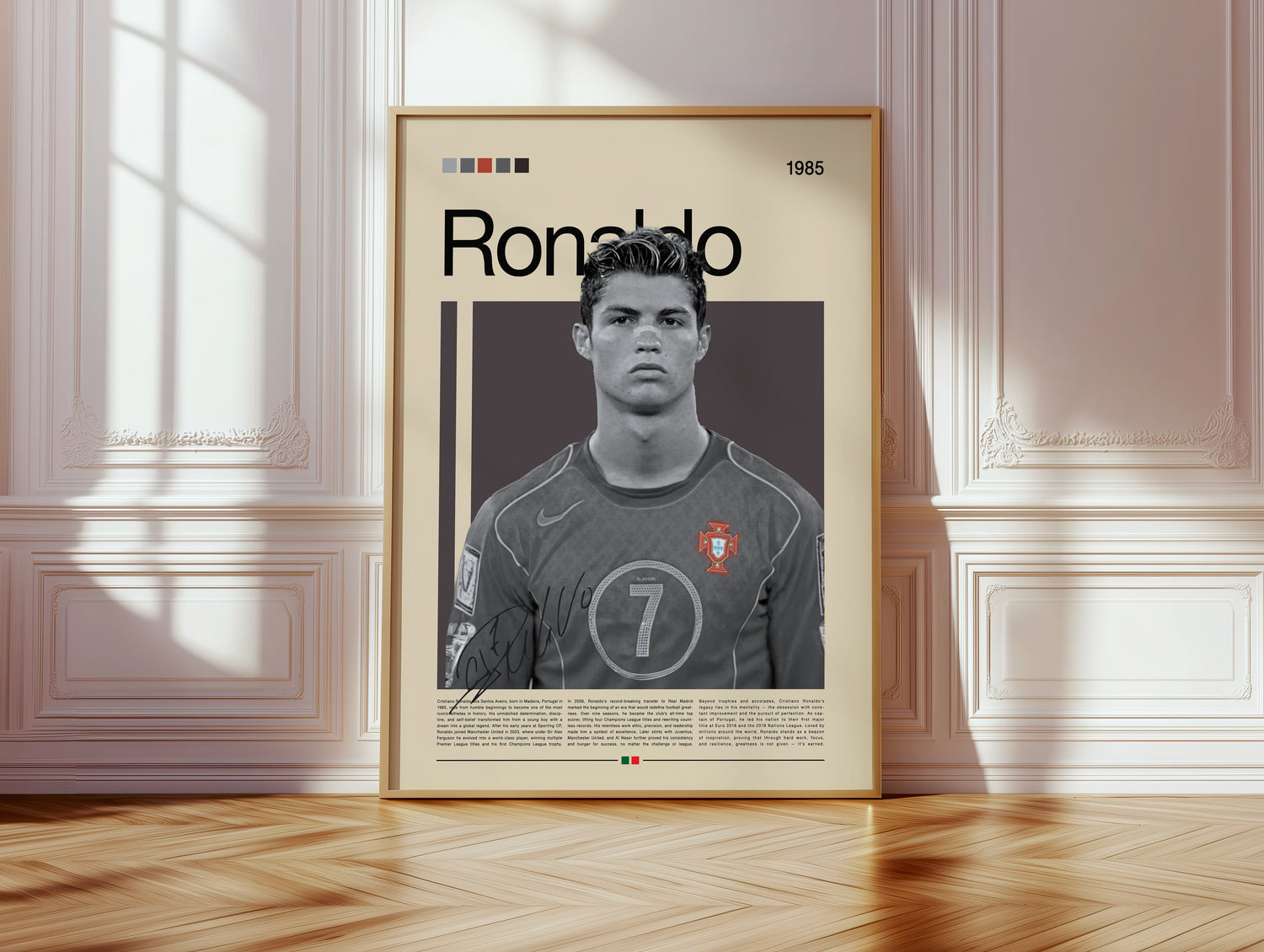 Vintage-style poster of Cristiano Ronaldo in his early Portugal national team era. Features the young athlete in a focused pose wearing the number 7 jersey, symbolizing determination, discipline, and ambition. Perfect wall decor for football fans and sports enthusiasts, printed on matte premium paper with sharp details and vibrant tones — ideal for home, studio, or office display.
