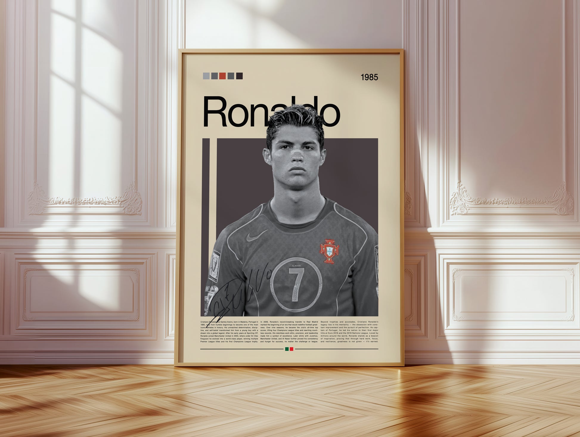 Vintage-style poster of Cristiano Ronaldo in his early Portugal national team era. Features the young athlete in a focused pose wearing the number 7 jersey, symbolizing determination, discipline, and ambition. Perfect wall decor for football fans and sports enthusiasts, printed on matte premium paper with sharp details and vibrant tones — ideal for home, studio, or office display.
