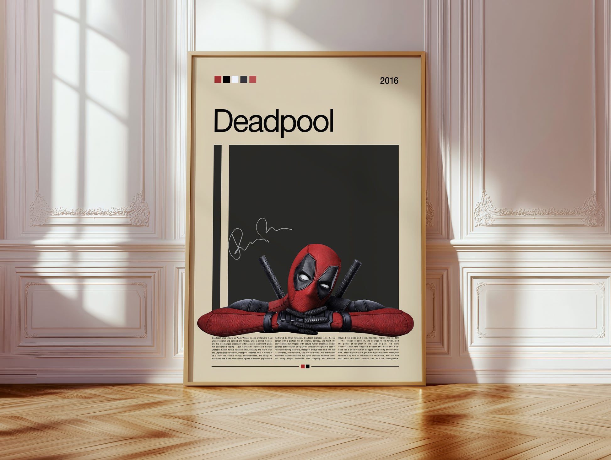 Minimalist Deadpool poster featuring the red-and-black Marvel antihero leaning on his arms with katanas behind him. Clean beige and black background design with cinematic lighting. Perfect for Marvel fans, collectors, and modern wall decor enthusiasts.