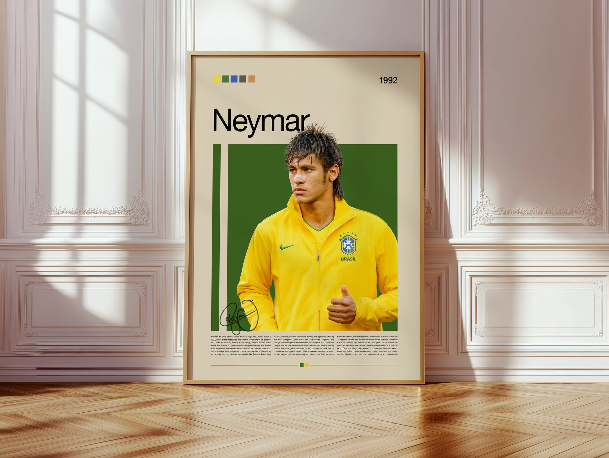 Poster of Neymar Jr in his Brazil training jacket, captured in his early football years. The minimalist artwork features a green and yellow color palette symbolizing Brazil’s passion for the game. Printed on premium matte paper with sharp details and vivid tones, this Neymar wall art celebrates creativity, energy, and the artistic side of football. Ideal for sports fans, collectors, and modern home interiors.