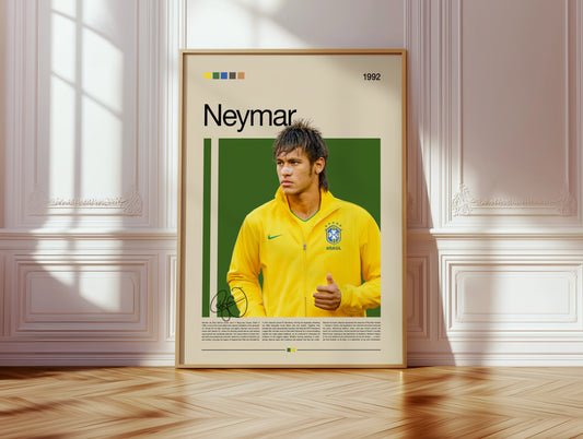 Poster of Neymar Jr in his Brazil training jacket, captured in his early football years. The minimalist artwork features a green and yellow color palette symbolizing Brazil’s passion for the game. Printed on premium matte paper with sharp details and vivid tones, this Neymar wall art celebrates creativity, energy, and the artistic side of football. Ideal for sports fans, collectors, and modern home interiors.