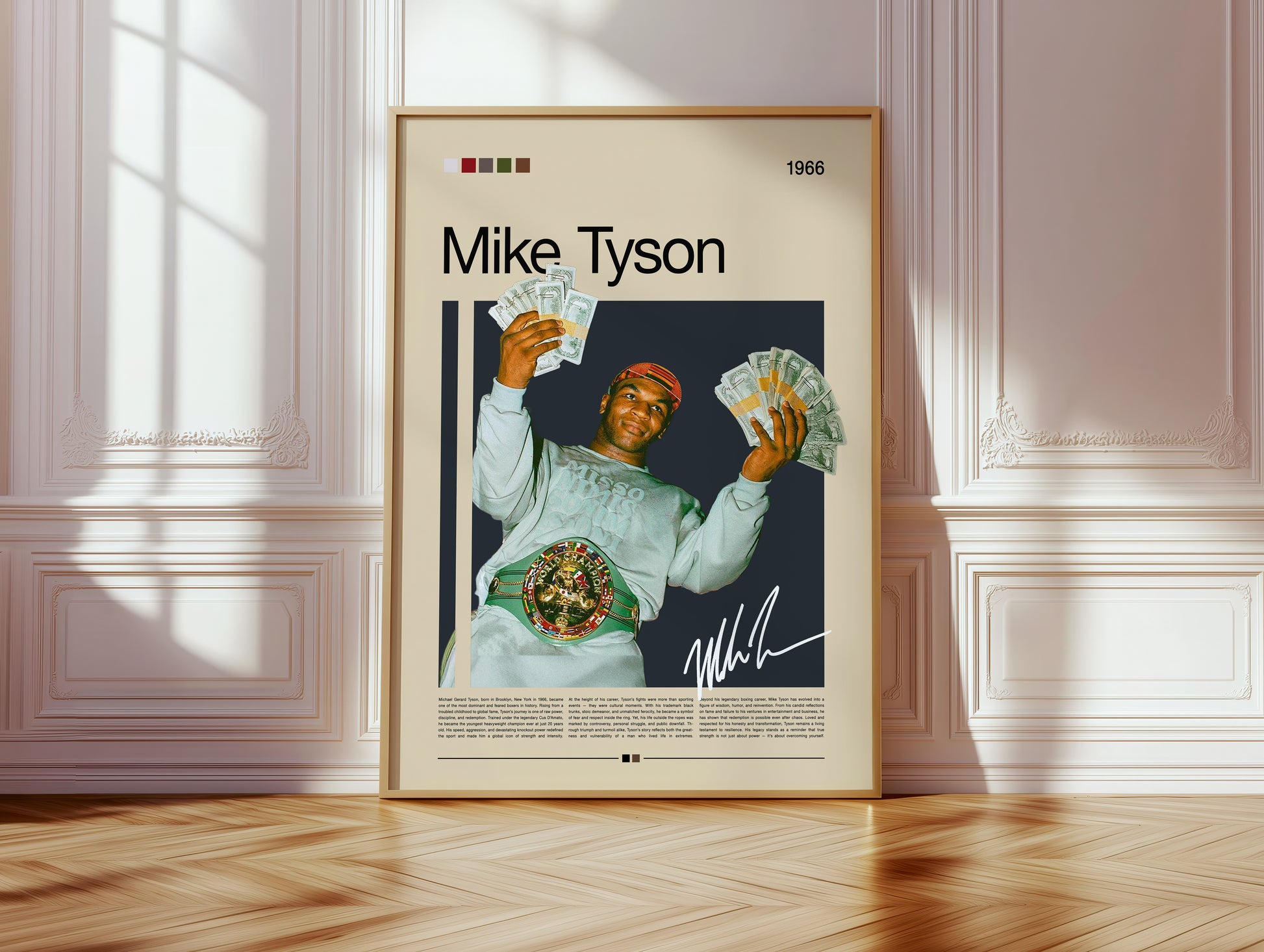 Vintage Mike Tyson poster featuring the boxer proudly holding stacks of cash while wearing his championship belt. Retro beige and dark background design inspired by 90s sports photography. Perfect for boxing fans, collectors, and motivational wall decor lovers.