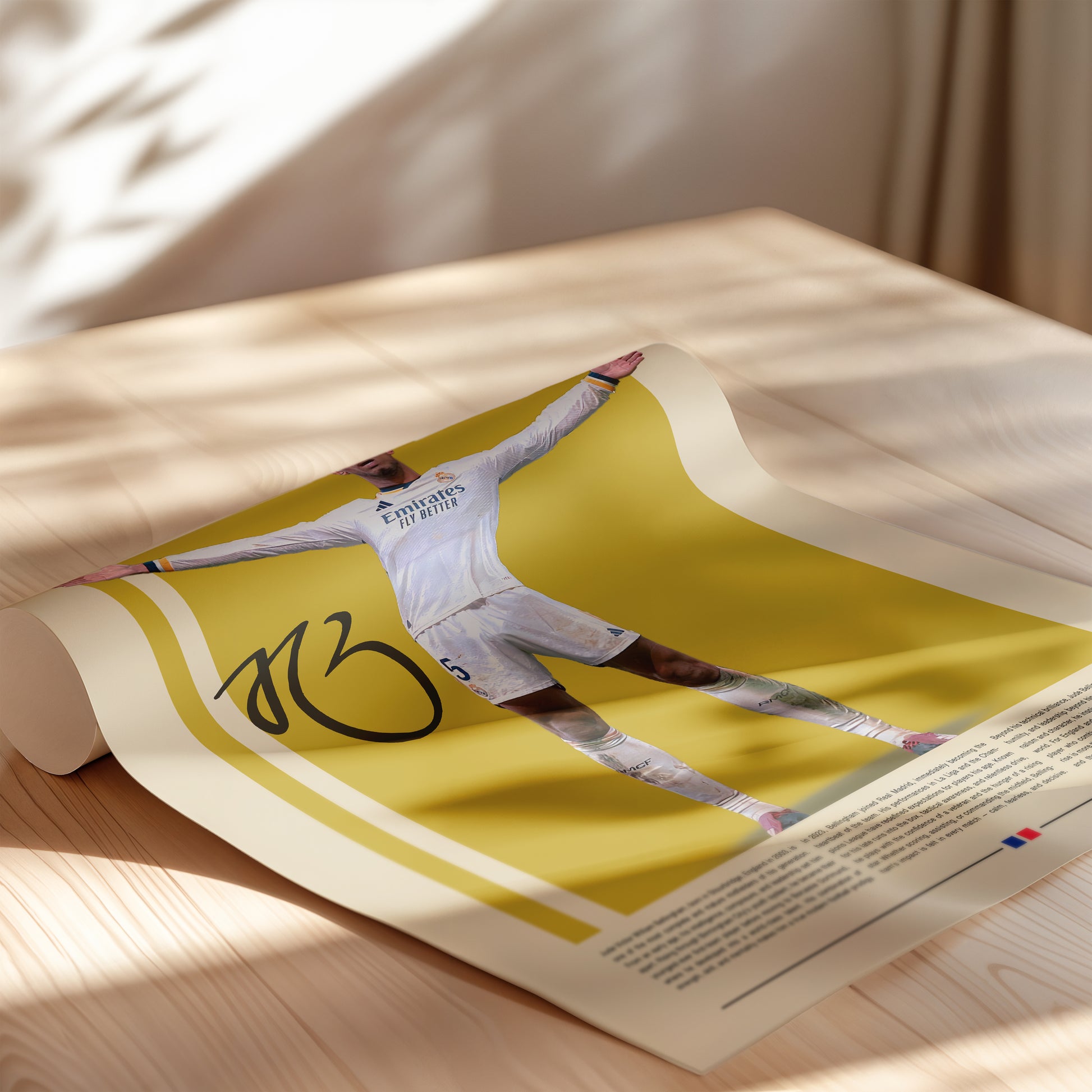 Jude Bellingham Real Madrid poster featuring the English football star with open arms in celebration. Modern sports wall art for fans and collectors, showcasing determination, strength, and passion for the game.