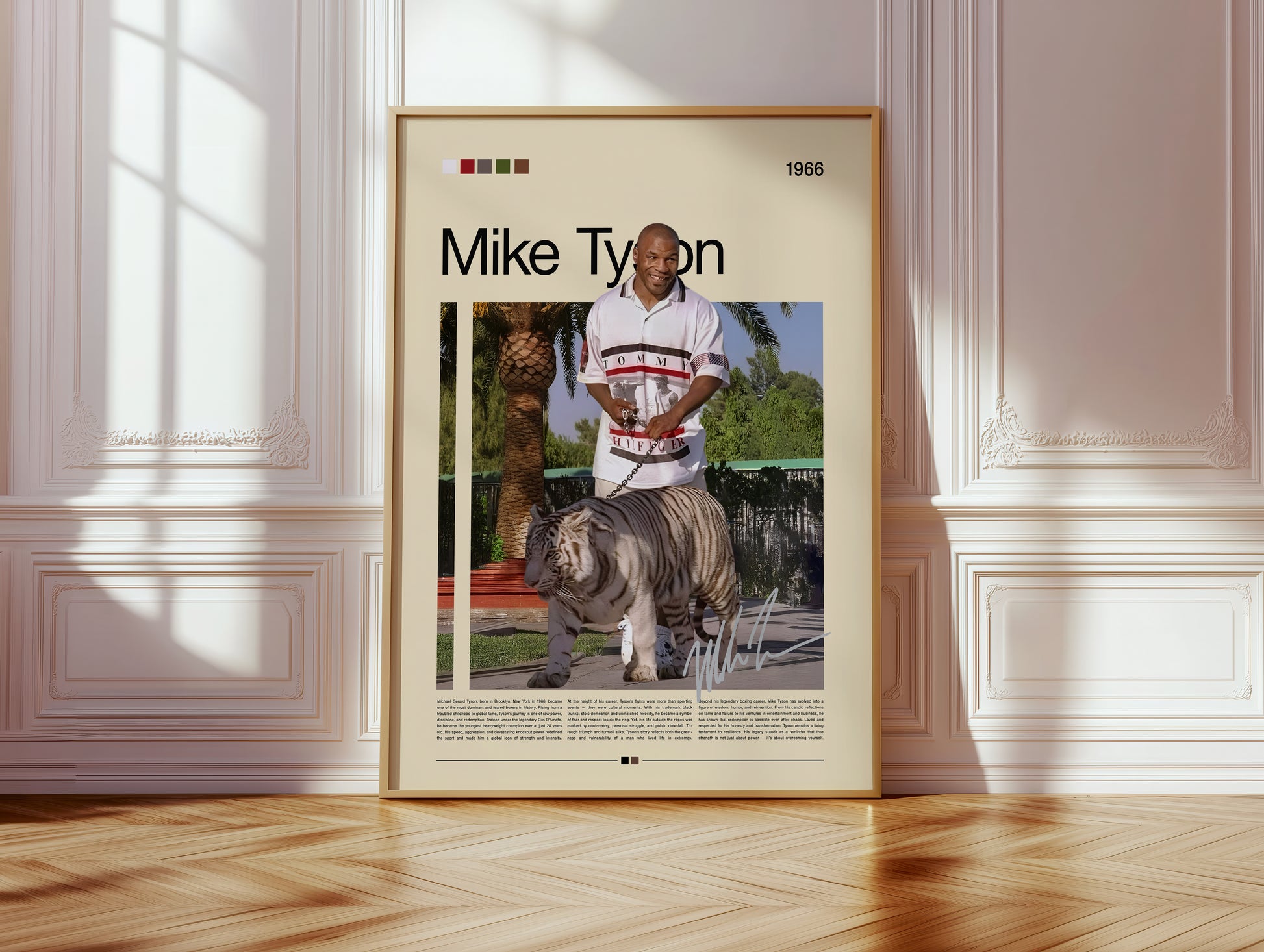 Vintage-style Mike Tyson poster featuring the legendary boxer smiling while walking a white tiger under palm trees. Minimal beige background with red, green, and white color palette. Perfect for boxing fans, collectors, and lovers of retro sports wall art and motivational decor.
