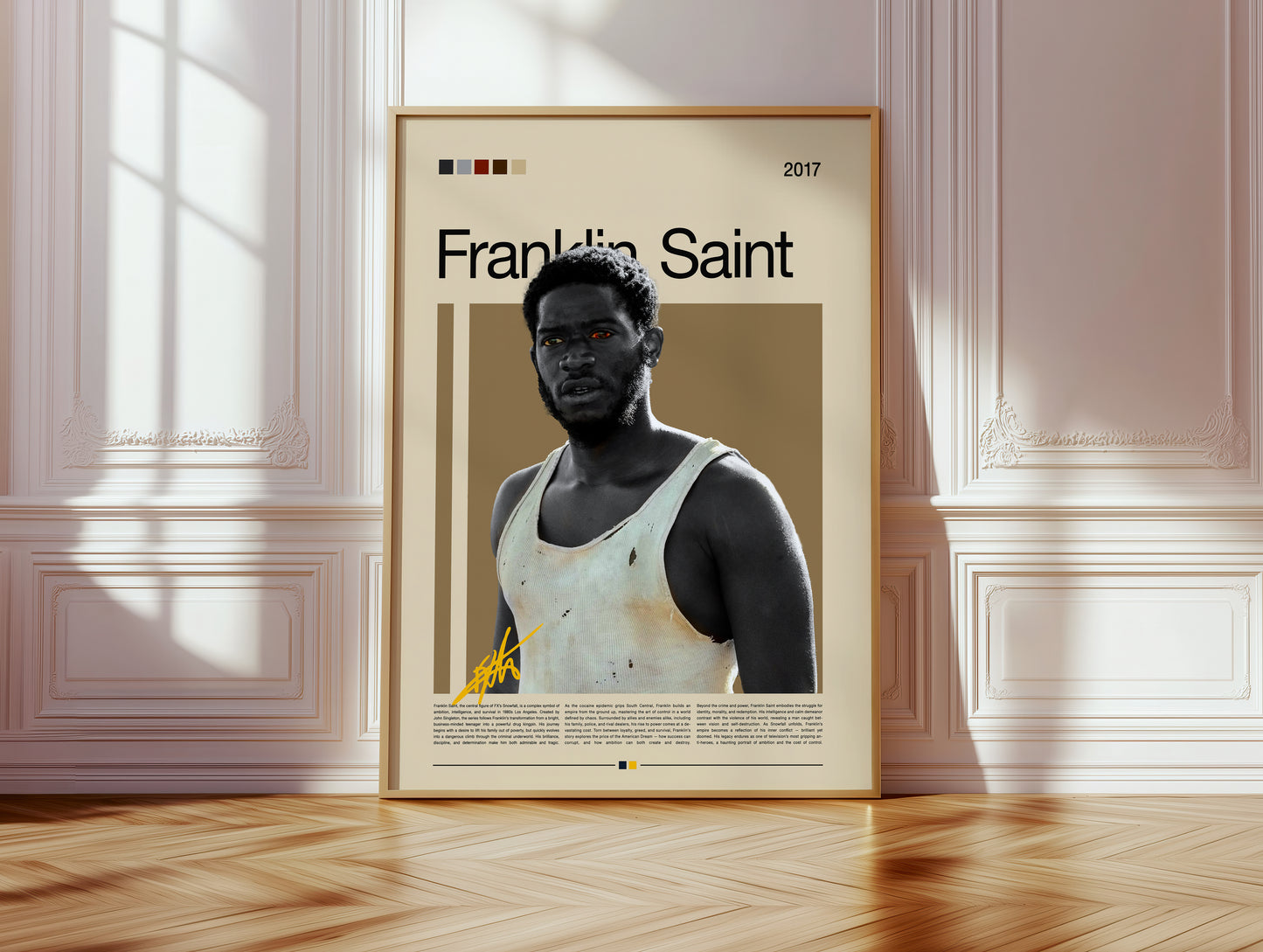 Minimalist Franklin Saint poster inspired by the TV show Snowfall. Features a bold portrait design with vintage tones, earthy color palette, and cinematic contrast. Perfect wall art for fans of TV series, urban aesthetics, and modern interiors. High-quality art print on matte paper, ideal for collectors or as a stylish home decor statement.