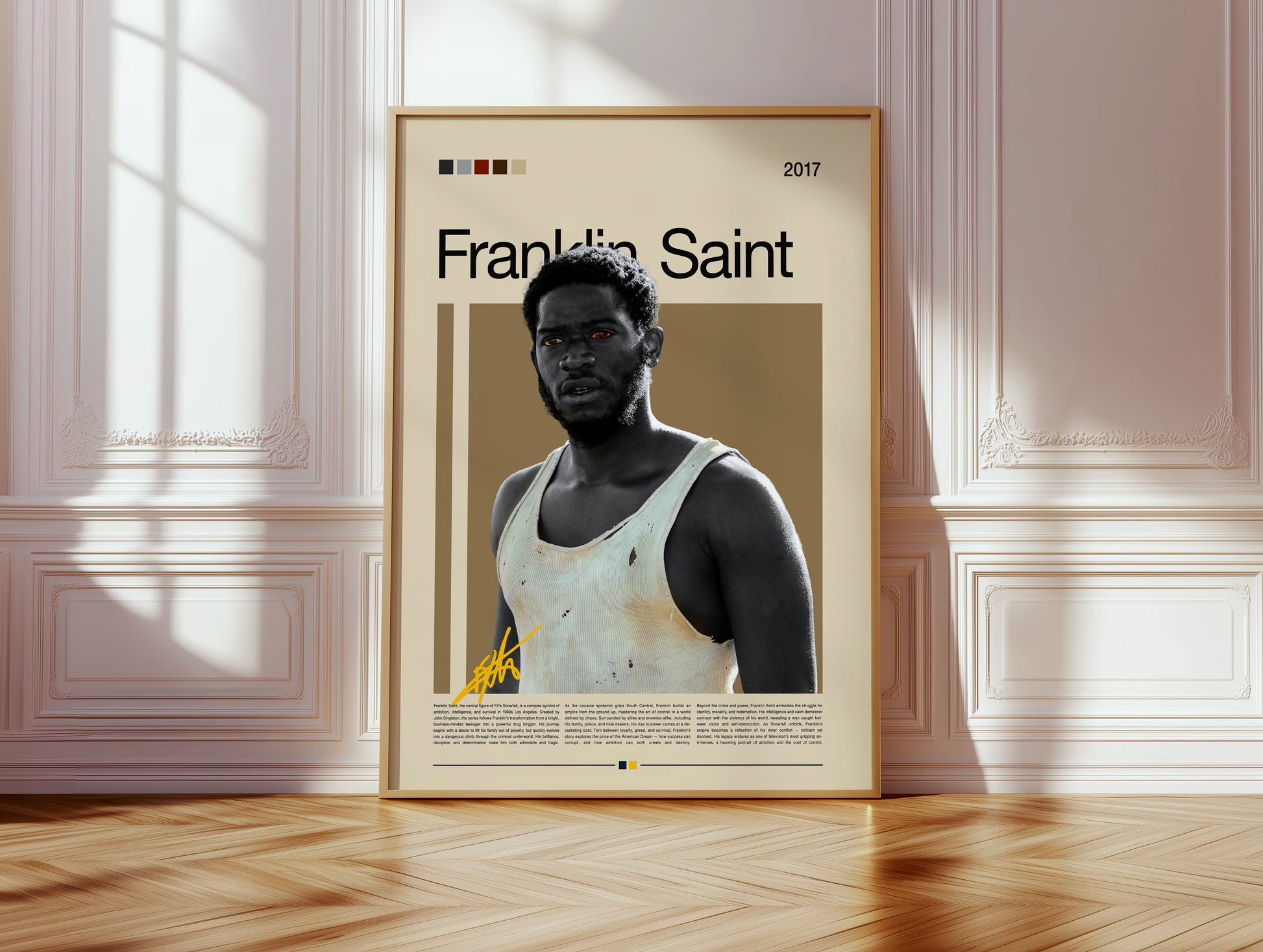 Minimalist Franklin Saint poster inspired by the TV show Snowfall. Features a bold portrait design with vintage tones, earthy color palette, and cinematic contrast. Perfect wall art for fans of TV series, urban aesthetics, and modern interiors. High-quality art print on matte paper, ideal for collectors or as a stylish home decor statement.