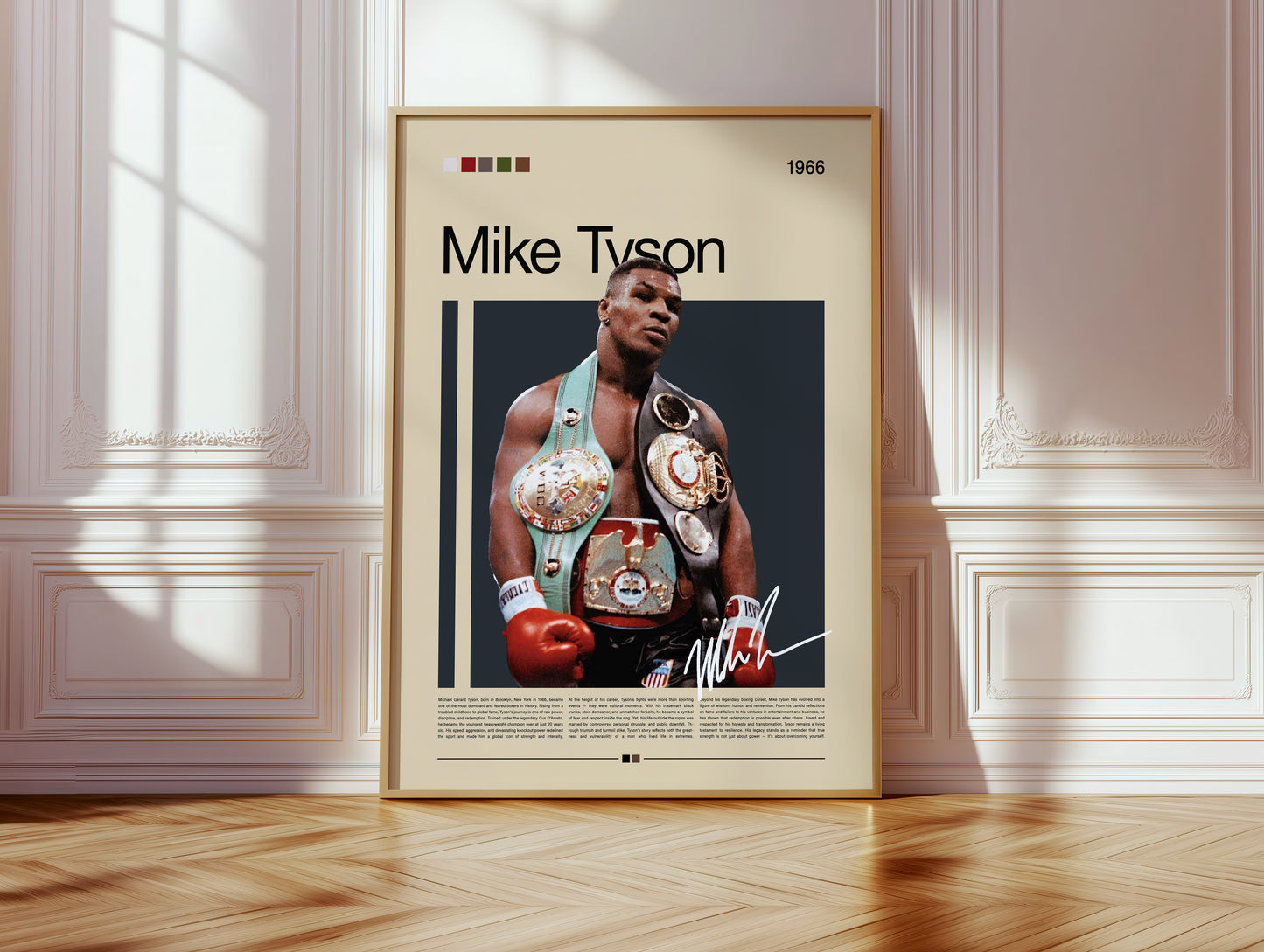 Vintage Mike Tyson poster showing the boxing legend wearing multiple championship belts. Powerful portrait of the heavyweight champion in his prime, symbolizing strength, determination, and legacy. Perfect for sports fans and collectors looking for bold, iconic wall art with a minimalist retro feel.