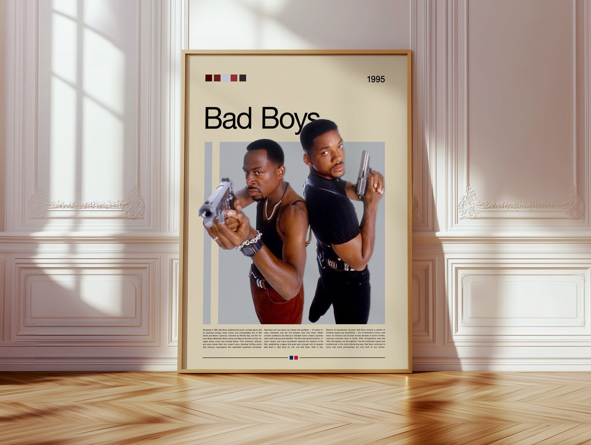 Bad Boys 3D poster featuring two detectives standing back-to-back with guns drawn, inspired by the classic 90s action movie. High-quality digital print in retro style, perfect wall art for living room, office, or movie room. Great gift for fans of action films and cinema classics.