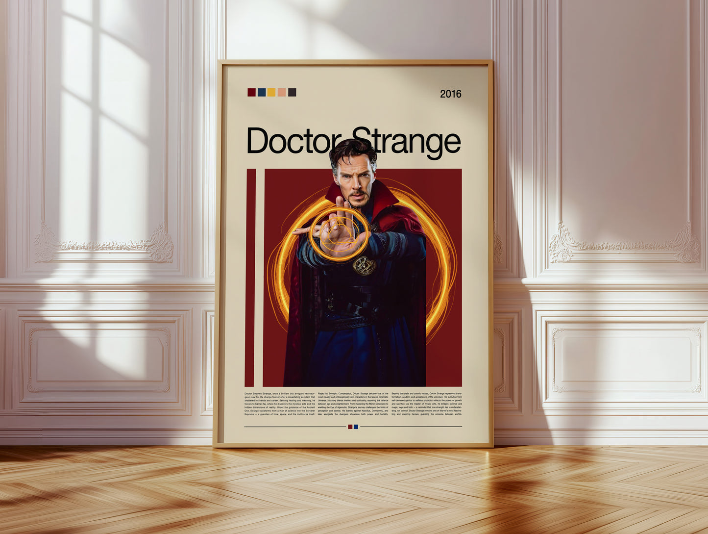 Stylish Doctor Strange Poster in 3D-Design. Zeigt den Sorcerer Supreme mit gold-orange leuchtenden magischen Energiekreisen vor einem dunklen Hintergrund. Perfekt als Wanddeko für Marvel- oder Filmfans.