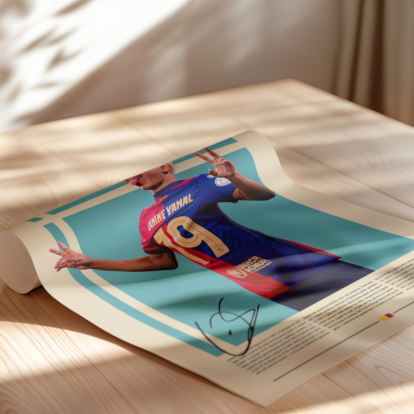 Poster of Lamine Yamal, FC Barcelona’s young football sensation, wearing the number 19 jersey. The design combines vintage tones with modern minimalism, celebrating the Spanish wonderkid’s talent, creativity, and confidence. Perfect wall art for football lovers, collectors, and sports enthusiasts worldwide.