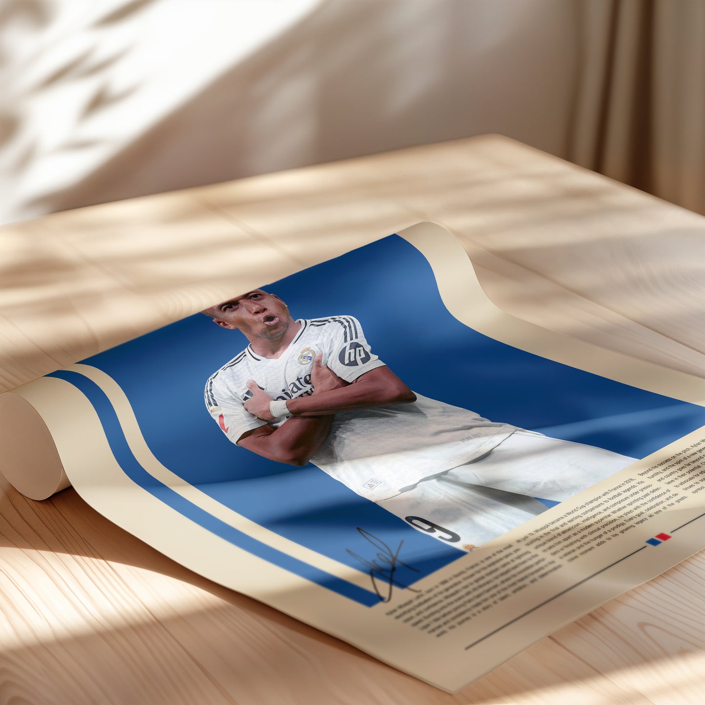Minimalist poster of Kylian Mbappé in a Real Madrid jersey celebrating his signature pose on a deep blue background. Elegant beige layout with modern typography and French flag accent. A premium football wall art print for fans, collectors, and lovers of modern sports aesthetics.