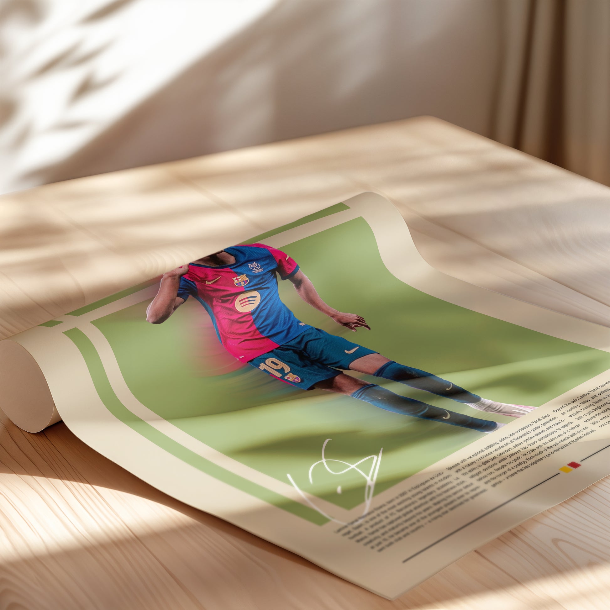 Poster of Lamine Yamal, Barcelona’s young football star, celebrating on the field in a red-blue jersey. Stylish vintage layout with modern beige background and green graphic accents. A motivational sports art print representing youth, dreams and football passion — perfect for collectors and fans.
