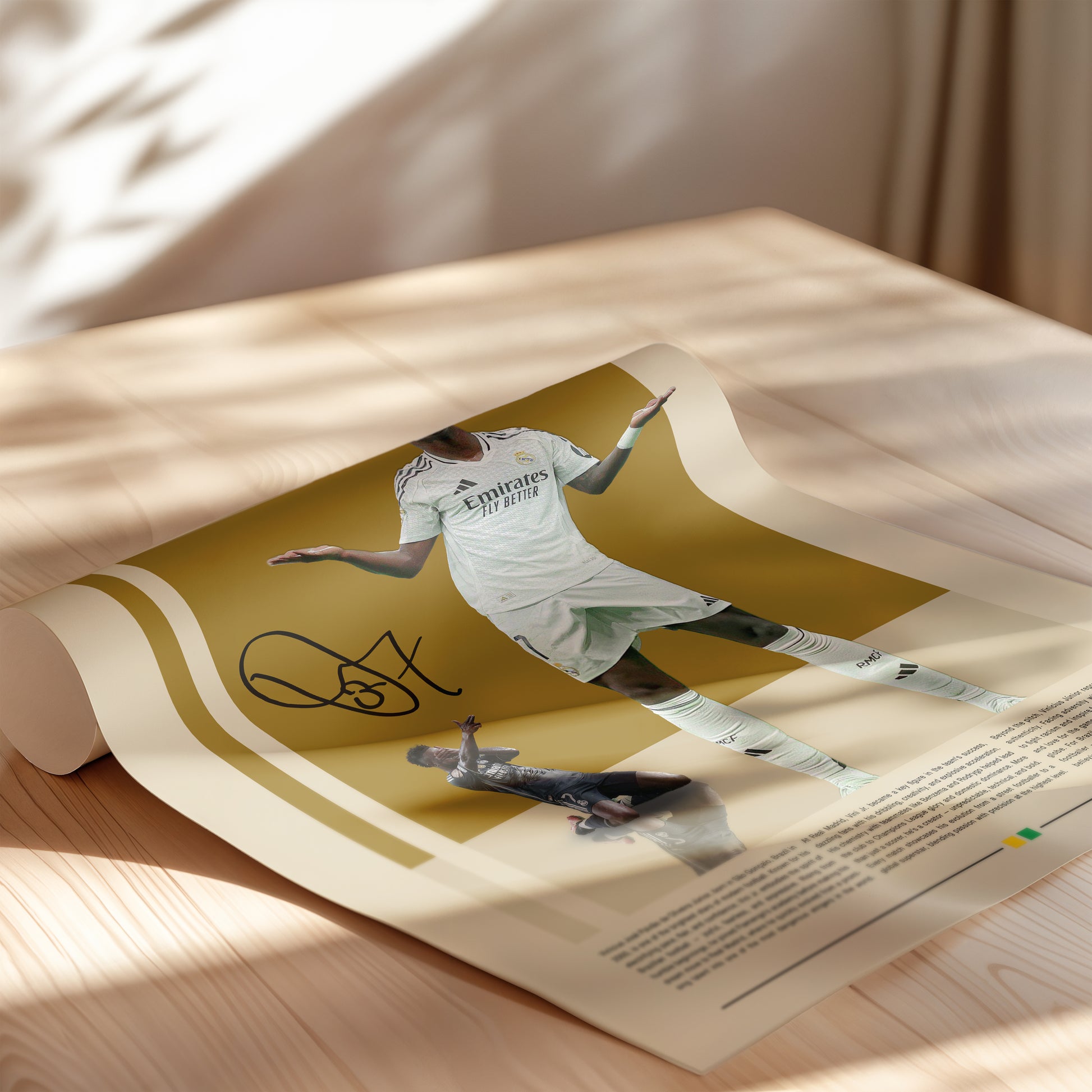 Vinícius Júnior Real Madrid football poster featuring the Brazilian superstar in a bold pose. Perfect for soccer fans, sports enthusiasts, and modern wall decor. High-quality digital artwork ideal for printing or display.