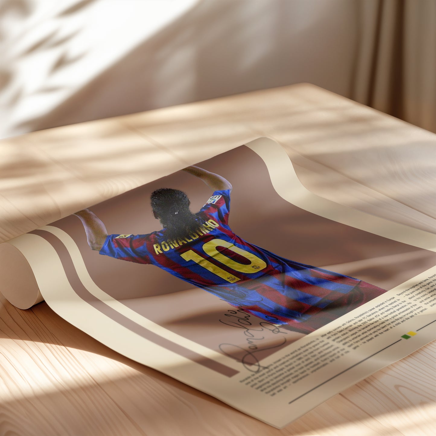 Vintage Ronaldinho poster featuring the Brazilian football legend in his FC Barcelona jersey with raised arms, celebrating his iconic number 10 legacy. Minimalist design with retro tones, perfect wall art for football lovers, collectors, and those who appreciate the artistry and emotion of the beautiful game.