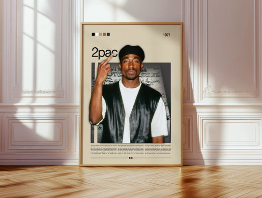 2Pac poster featuring the legendary rapper Tupac Shakur. He wears a leather vest and cap, standing in front of handwritten song lyrics. High-quality digital art print in modern street-art style, perfect wall decor for living room, studio, or music room. Great gift for hip-hop and rap lovers.