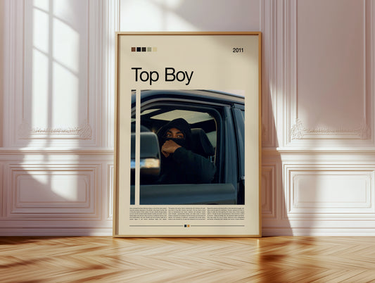 Cinematic Top Boy poster featuring Sully in a car, wearing a black hood under moody urban lighting. Minimal design with beige background and warm color tones. Perfect for fans of British dramas and modern street aesthetic wall art. Great for collectors and urban interior style.