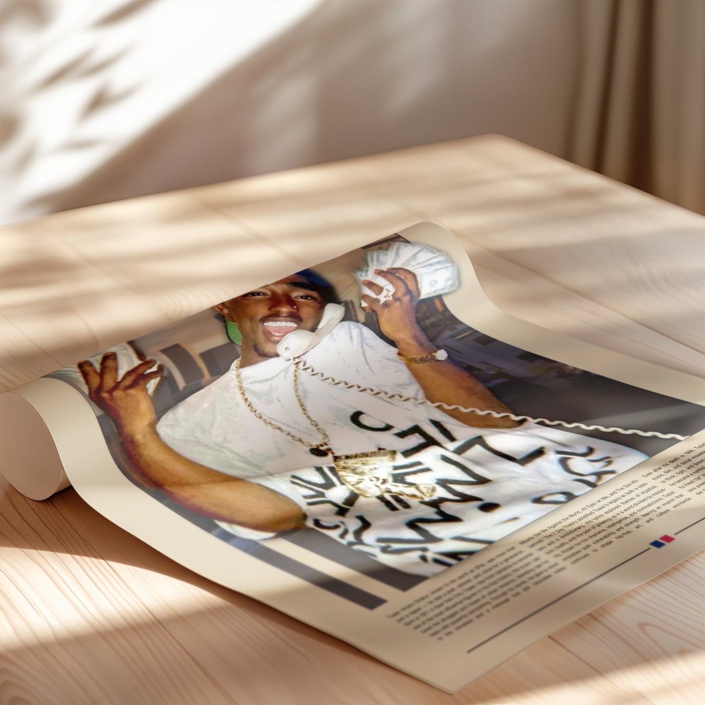 2Pac 3D poster featuring the iconic rapper Tupac Shakur in a 90s West Coast vibe. He’s holding cash and a phone with the Los Angeles skyline in the background. High-quality digital print in street-art style, perfect for living room, studio, or music room. Great gift for rap and hip-hop fans.