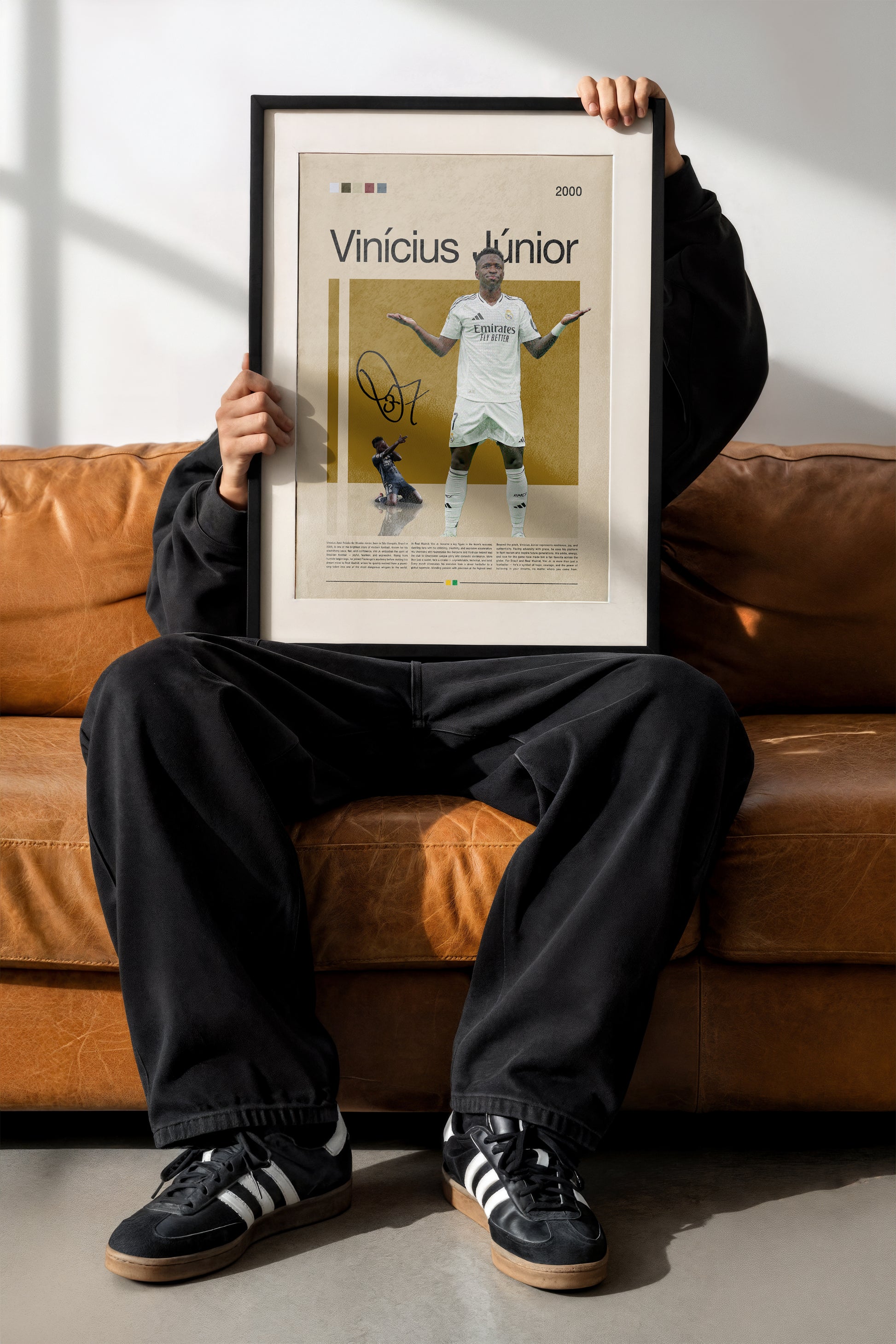 Vinícius Júnior Real Madrid football poster featuring the Brazilian superstar in a bold pose. Perfect for soccer fans, sports enthusiasts, and modern wall decor. High-quality digital artwork ideal for printing or display.