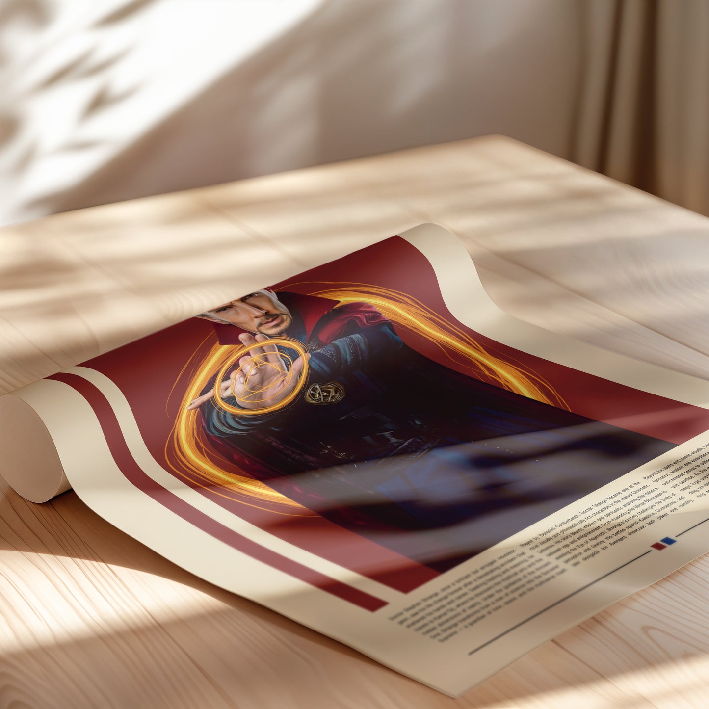 Stylish Doctor Strange Poster in 3D-Design. Zeigt den Sorcerer Supreme mit gold-orange leuchtenden magischen Energiekreisen vor einem dunklen Hintergrund. Perfekt als Wanddeko für Marvel- oder Filmfans.