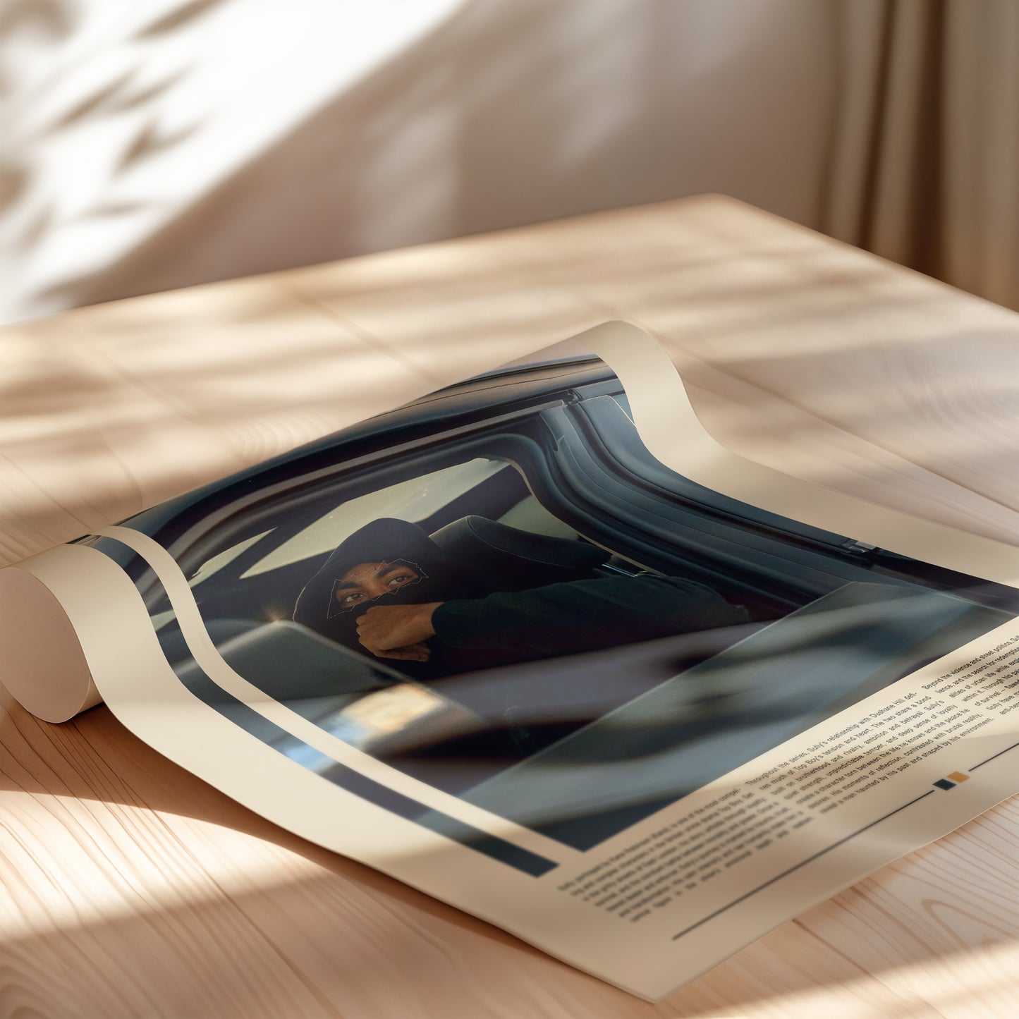 Cinematic Top Boy poster featuring Sully in a car, wearing a black hood under moody urban lighting. Minimal design with beige background and warm color tones. Perfect for fans of British dramas and modern street aesthetic wall art. Great for collectors and urban interior style.